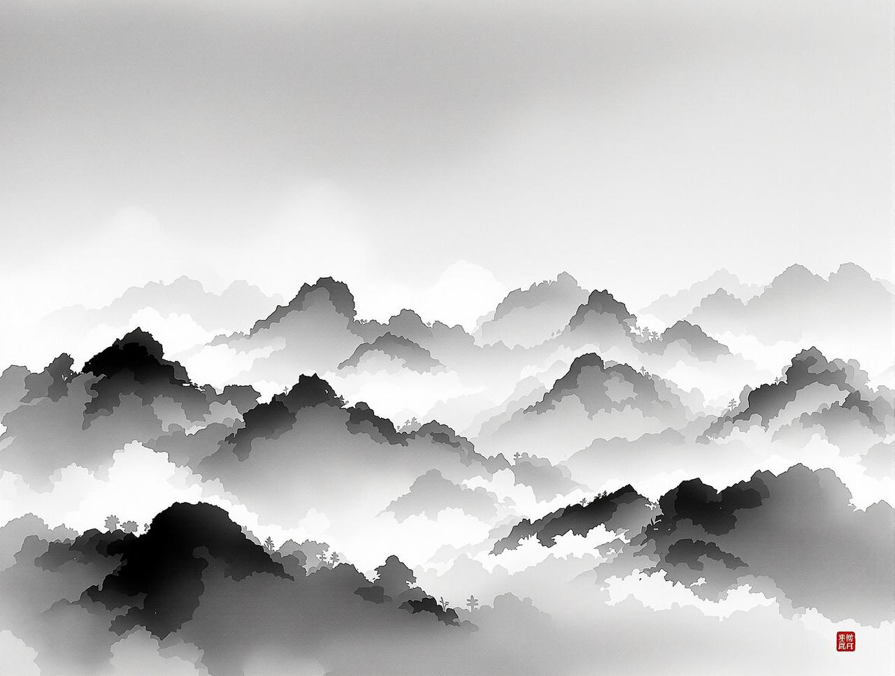 吃瓜网站品牌意象 - 水墨风格的山峦与云雾