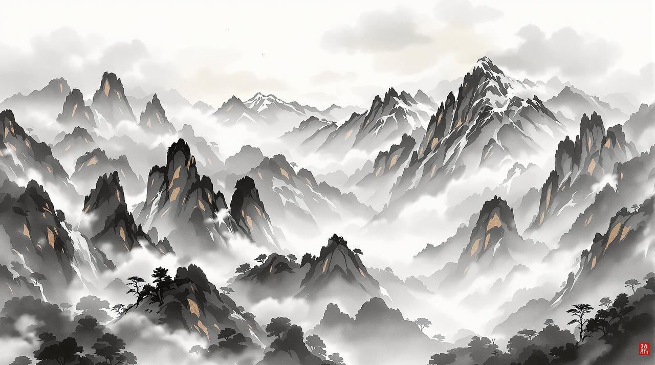吃瓜网站 - 青绿山水意境背景，云雾缭绕的山峰层叠，东方美学与现代极简的交融